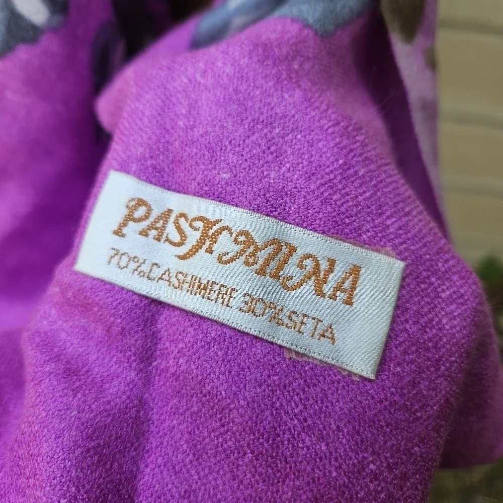 light pink and purple pashmina shawl scarf with gray roses silk and cashmere